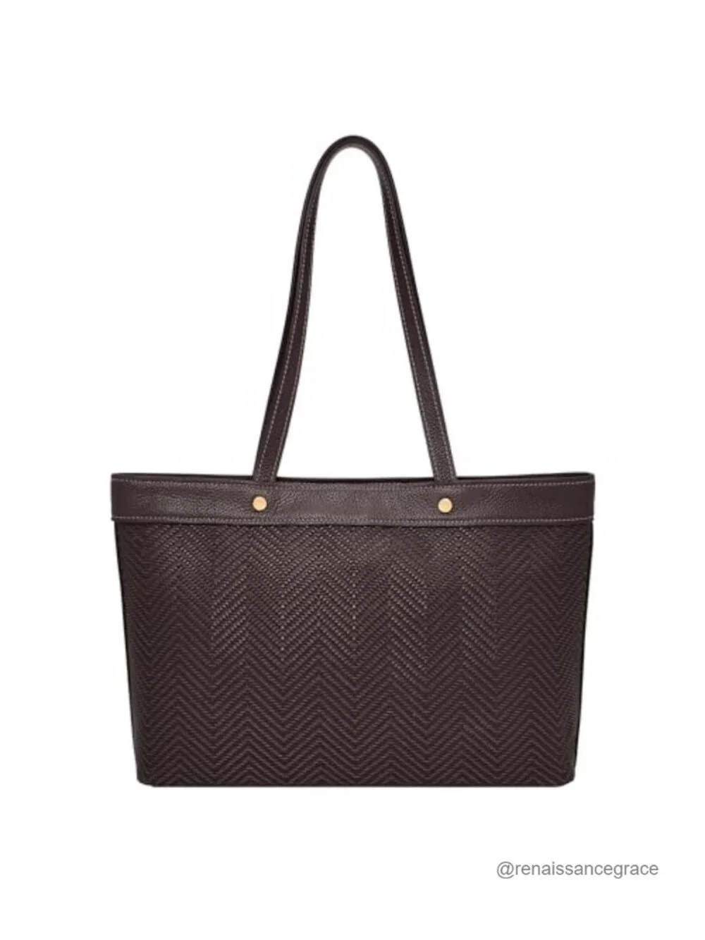 Woven Leather Trim Tote Bag with Laptop Compartment, Shoulder Strap, Zipper